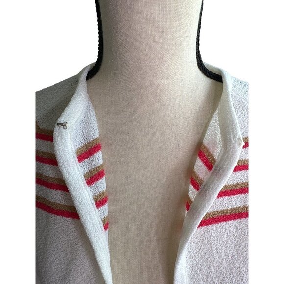 Talbott Cardigan White Stripes Tan Pink Eye Hook Closure Medium - Picture 2 of 6